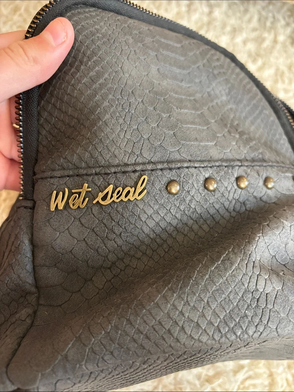 Wet Seal Black Faux-Snakeskin Mini Backpack with Gold Accents